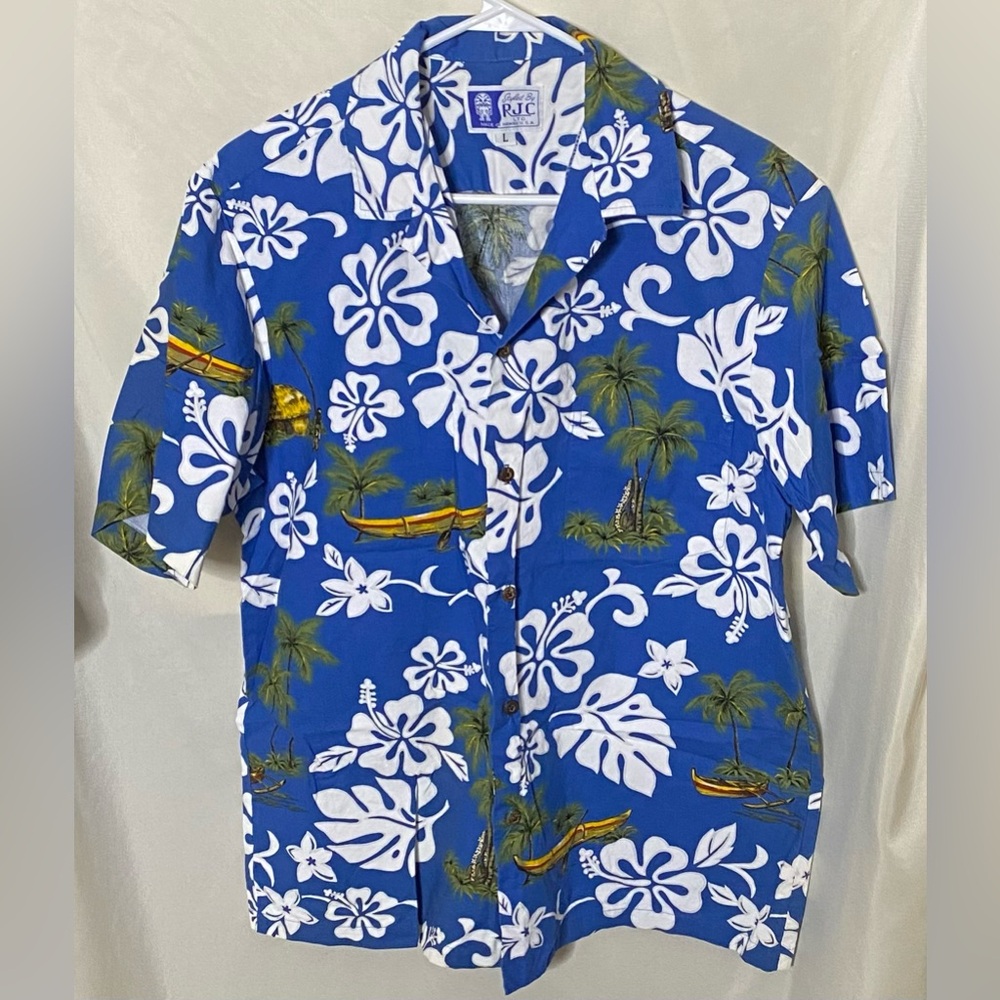 Vintage Styled By RJC Hawaiian Short Sleeve Vacation Hula Blue Tropical Shirt